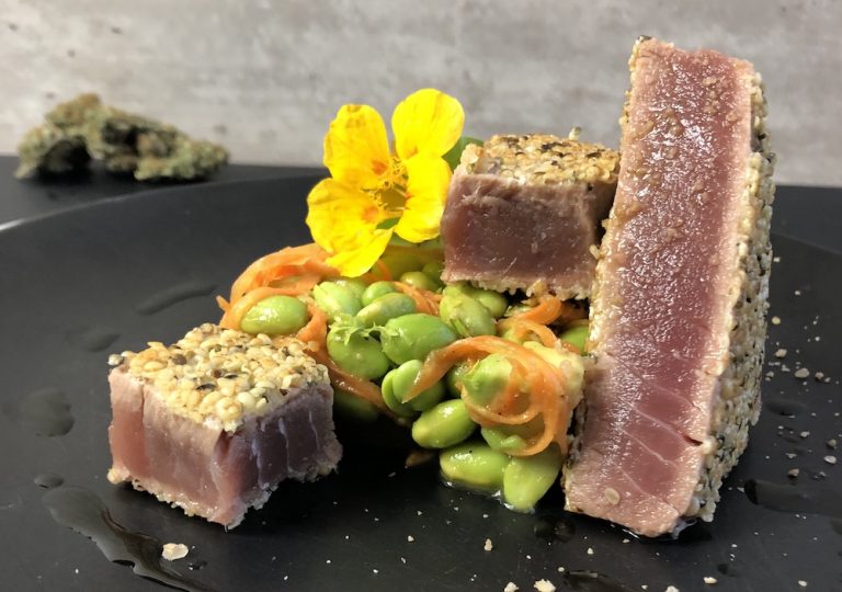 Yellowfin Thunfisch-Steak in Hanfsamenkruste auf Avocado-Edamame Salat ...