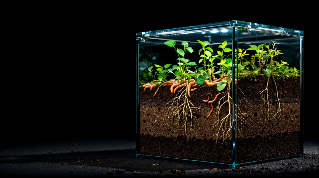 Cross-section of a living soil ecosystem with roots and microorganisms