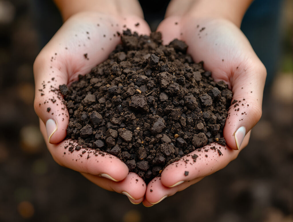Hands holding nutrient-rich organic soil full of life