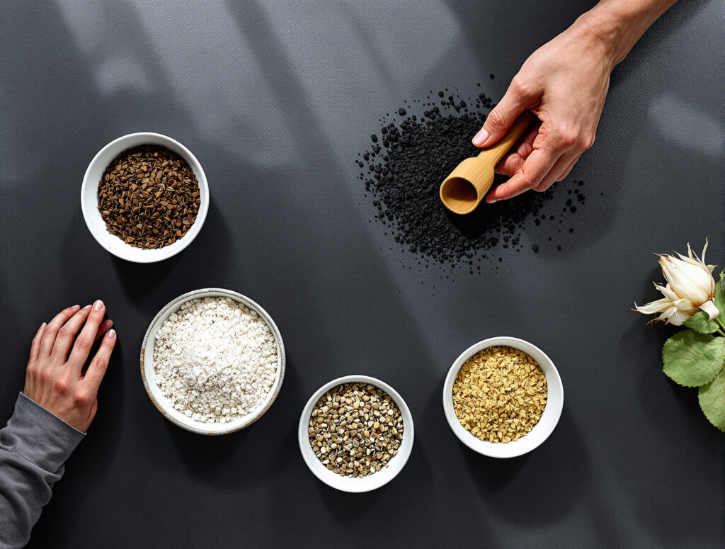 Ingredientes individuales para Living Soil dispuestos en pequeños cuencos