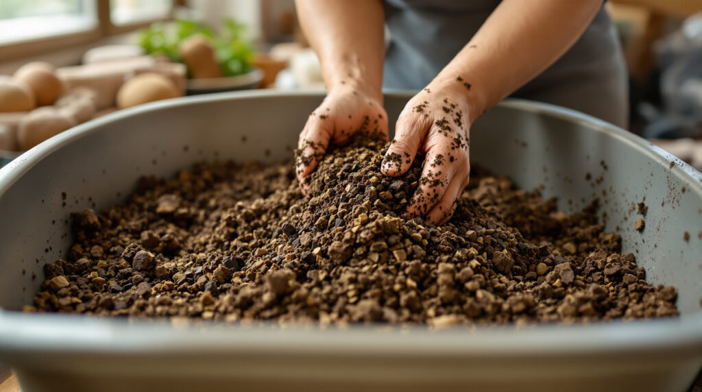 Las manos mezclan sustrato Living Soil en un recipiente grande