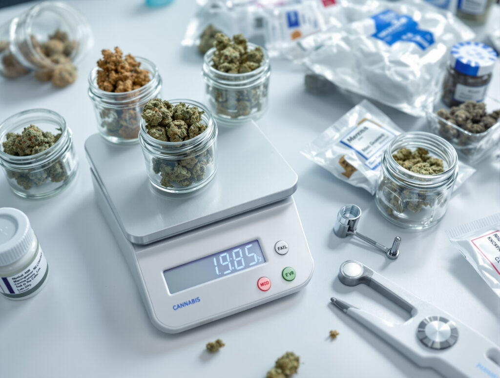 Abgewogene Cannabis-Portionen und professionelle Abgabedokumentation