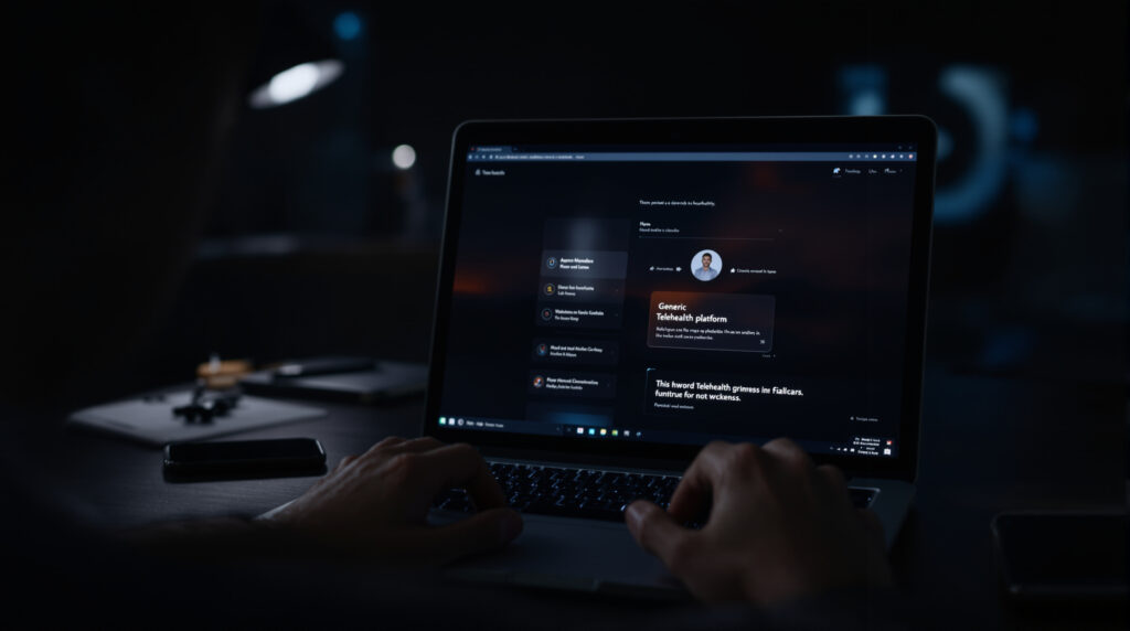 Telemedizin-Plattform auf Laptop-Bildschirm in häuslicher Umgebung