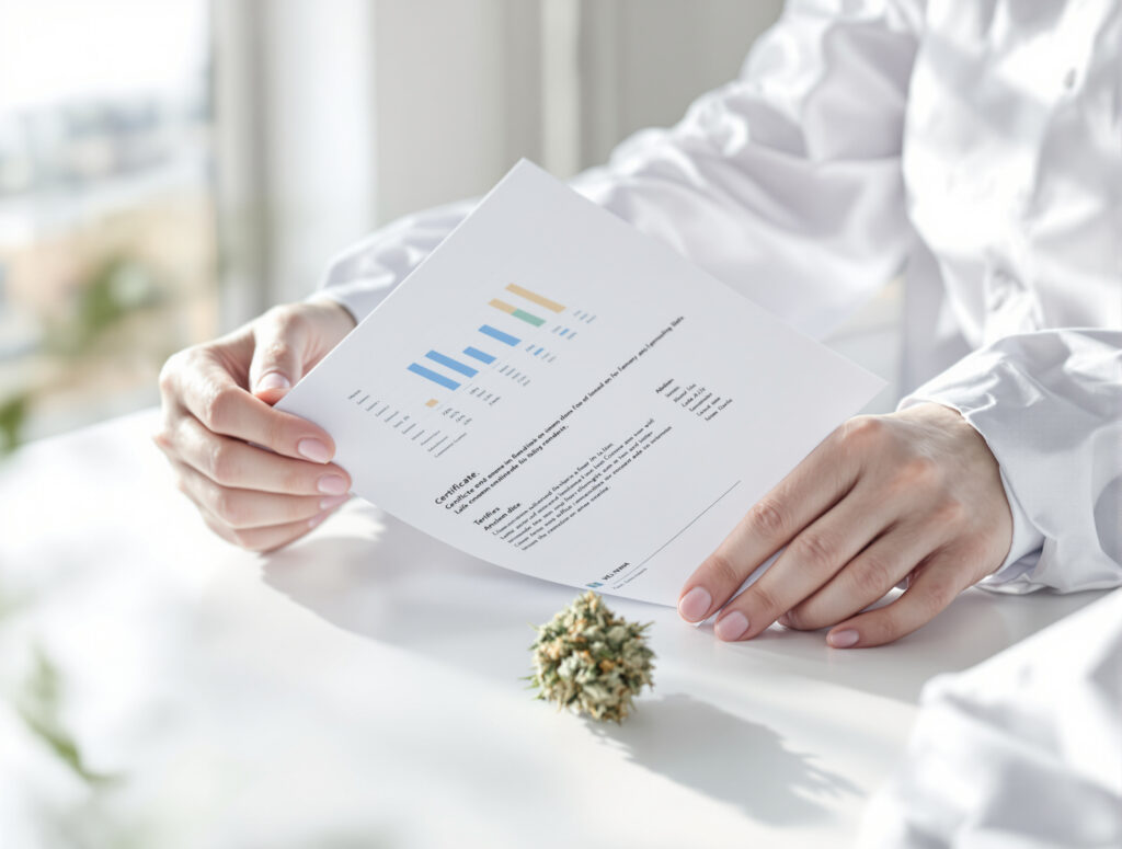 Handen houden analysecerificate naast cannabisbloem in klinische omgeving