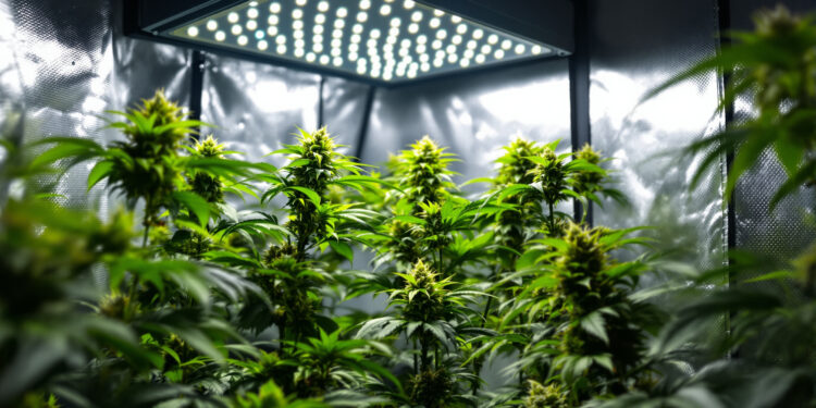 Indoor-Growzelt mit LED-Beleuchtung und Cannabis-Pflanzen in Stofftöpfen