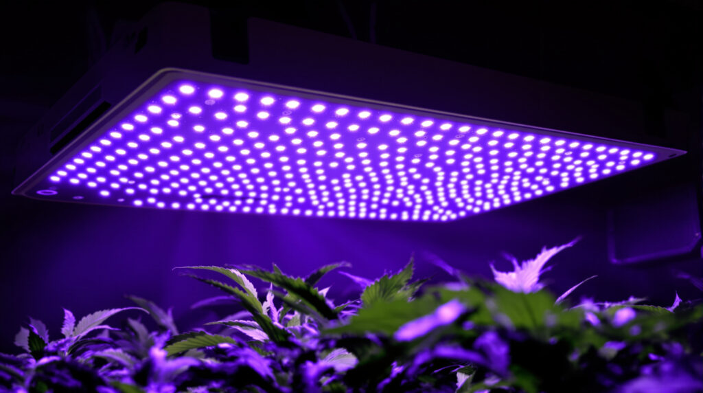 Nahaufnahme eines LED-Quantum-Board-Panels über Cannabis-Pflanzen