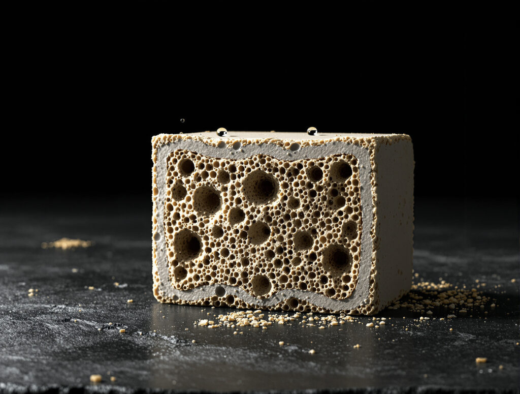 Bloque de Hempcrete en sección transversal con estructura visible del corazón de cáñamo