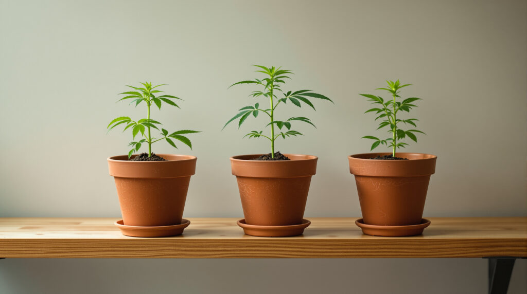 Three young cannabis seedlings in pots on a wooden shelf