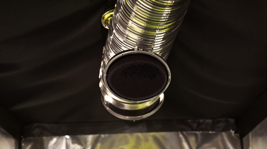 Activated carbon filter with ventilation pipe at the ceiling of a grow tent