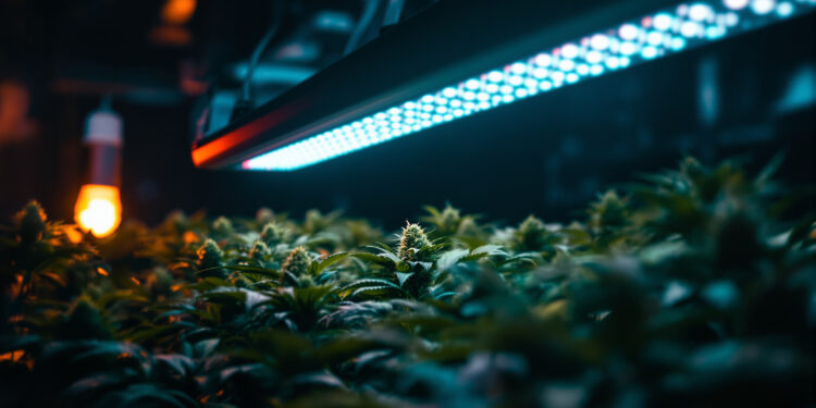 LED-Growbar über Cannabispflanzen im Vergleich zu HPS-Leuchtmittel