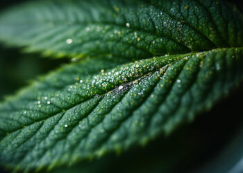 Nahaufnahme eines Cannabis-Blattes mit sichtbaren Schädlingsspuren