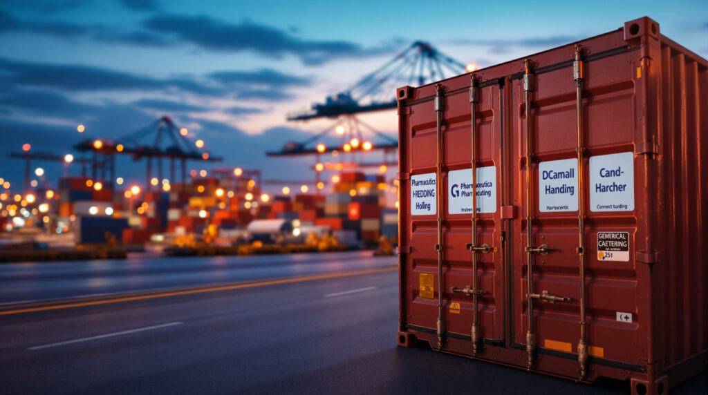 Container-Terminal im Abendlicht symbolisiert globalen Handel