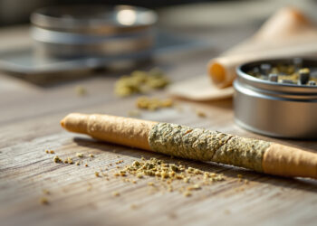Joint mit Grinder und Papers auf Holzoberfläche in natürlichem Licht