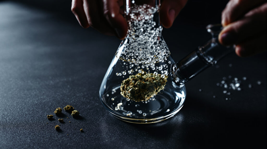 Glasbong mit Wasserfiltration und Cannabis-Vorbereitung im Detail