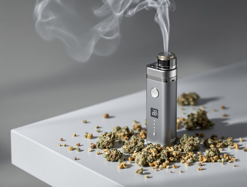 Hochwertiger Vaporizer mit Cannabis und Temperaturanzeige in Studiofotografie