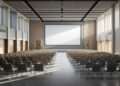 Leerer Konferenzsaal mit Stühlen und Bühne in modernem Tagungszentrum