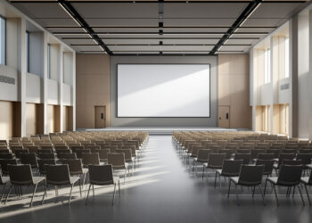 Leerer Konferenzsaal mit Stühlen und Bühne in modernem Tagungszentrum