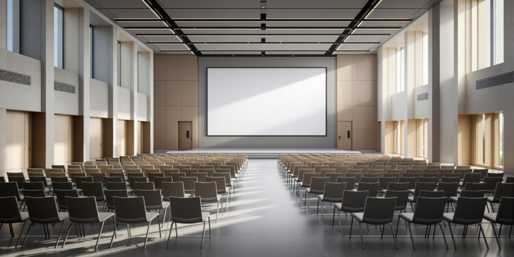 Leerer Konferenzsaal mit Stühlen und Bühne in modernem Tagungszentrum
