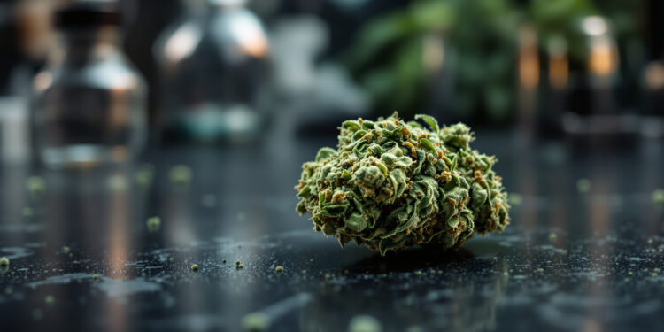 Cannabis-Blüte auf dunklem Labor-Untergrund mit wissenschaftlicher Ausstattung