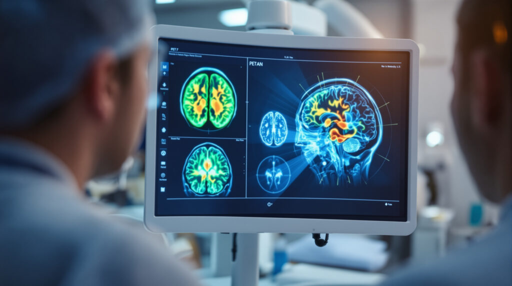 Monitor PET-Scan con regiones cerebrales codificadas por color en entorno médico