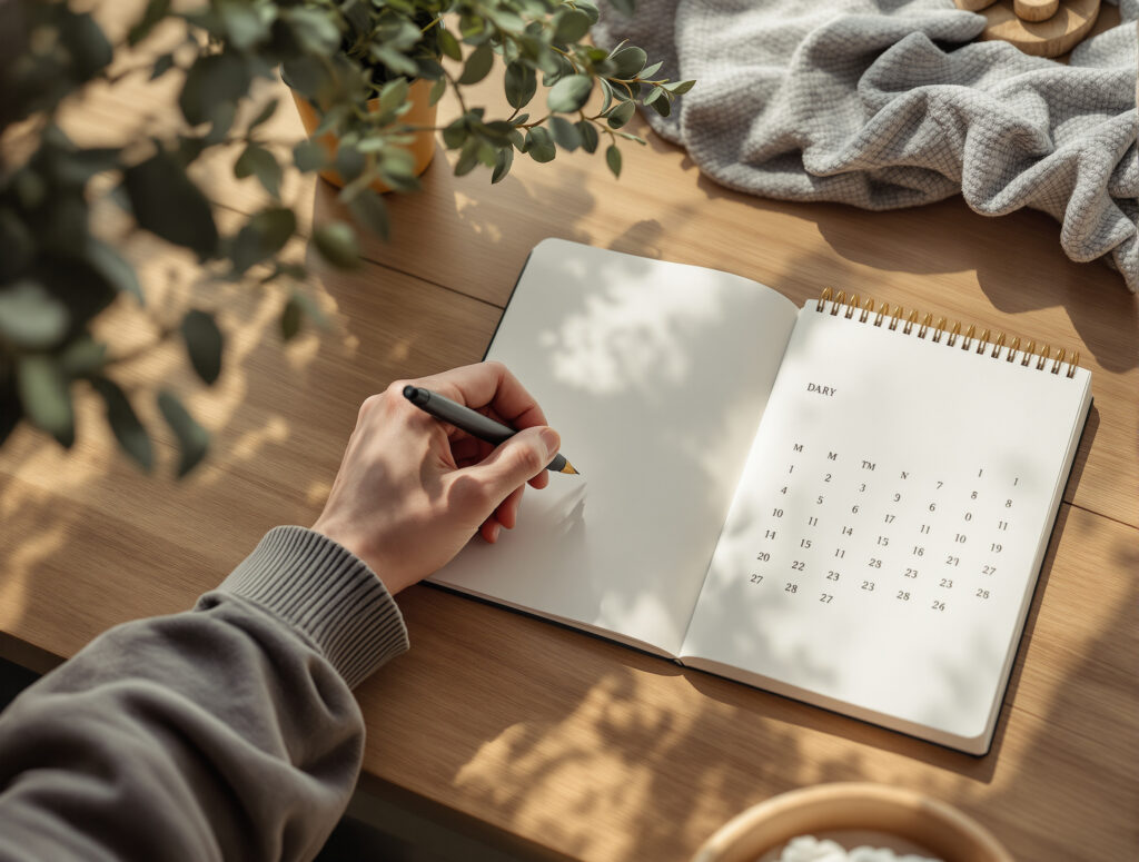 Mano marcando días en calendario, simbolizando una pausa consciente en el consumo