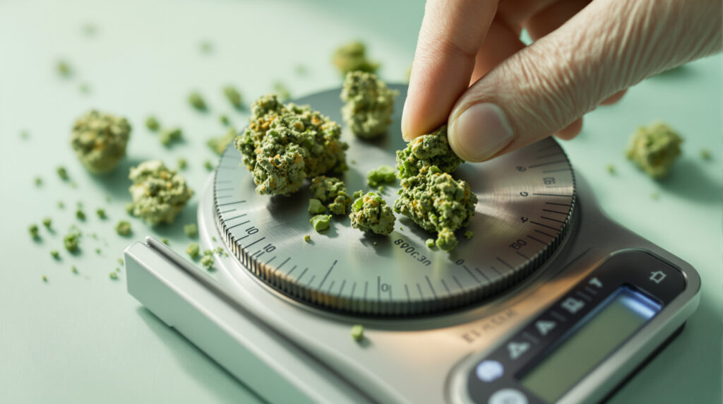Pequeñas porciones de cannabis cuidadosamente pesadas en balanza digital