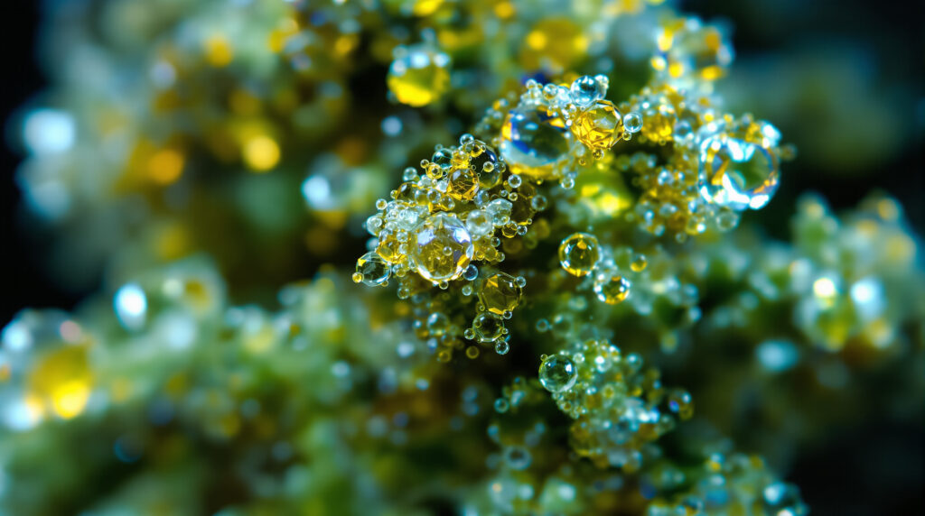 Macro shot of cannabis trichomes with cannabinoid crystals