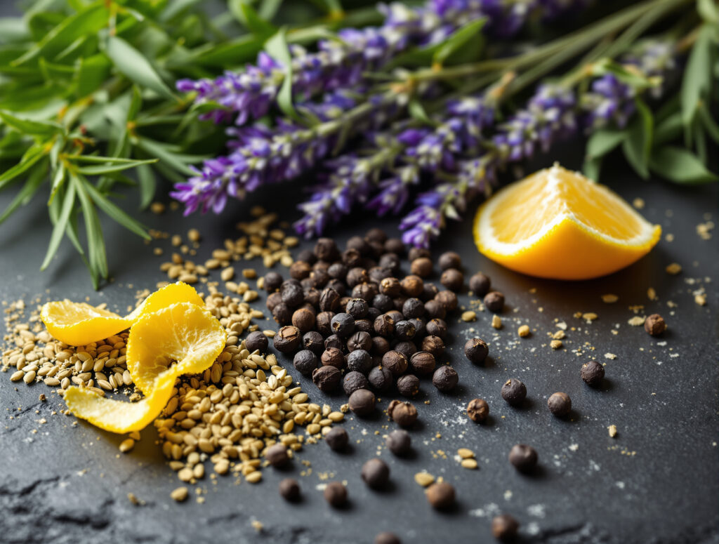 Botanical arrangement of terpene aroma sources: pine, lavender, pepper, lemon