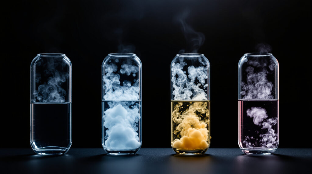 Four glass vials with increasingly dense vapor at rising temperatures
