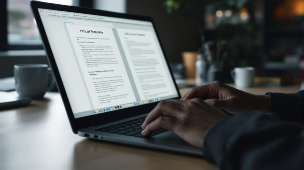 Hände tippen Musterschreiben am Laptop in modernem Arbeitsumfeld