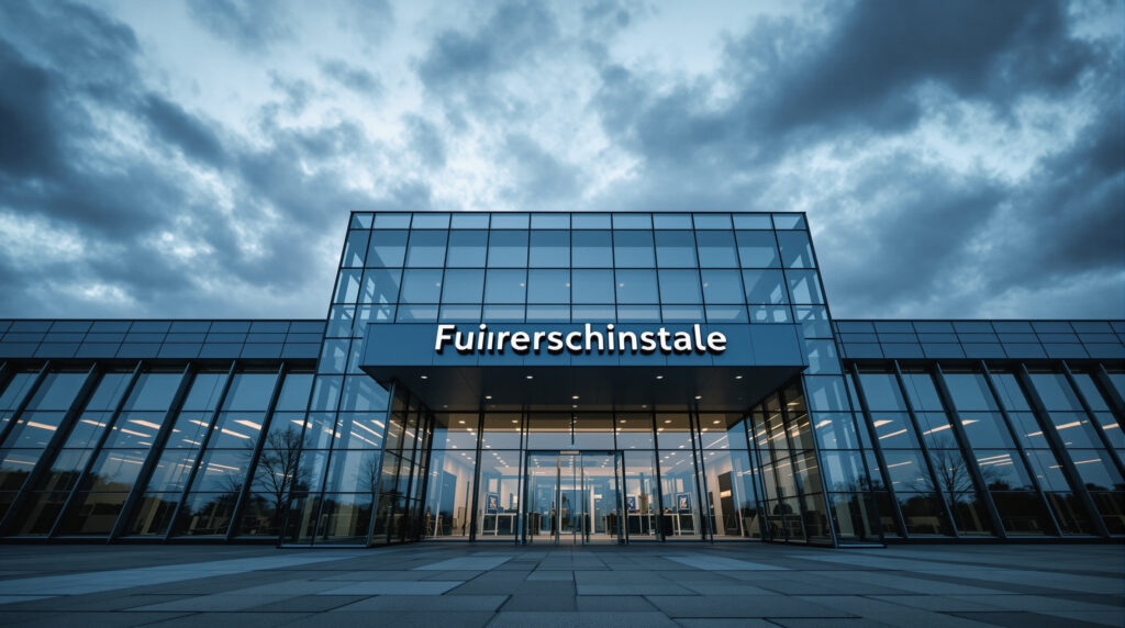 Modernes Behördengebäude mit Glasfassade von unten fotografiert