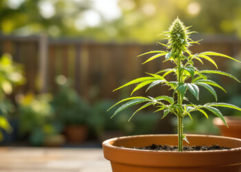 Junge Cannabis-Pflanze in Terrakotta-Topf auf sonniger Terrasse