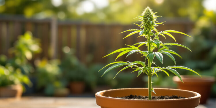 Junge Cannabis-Pflanze in Terrakotta-Topf auf sonniger Terrasse