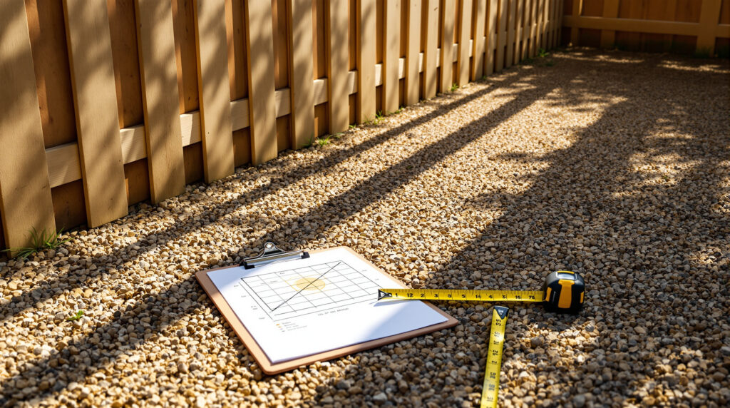 Sonniger Gartenstandort mit Schattenwurf und Planungsutensilien
