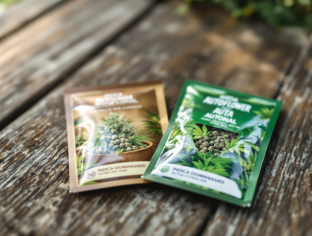 Verschiedene Cannabis-Saatgut-Packungen auf Gartentisch