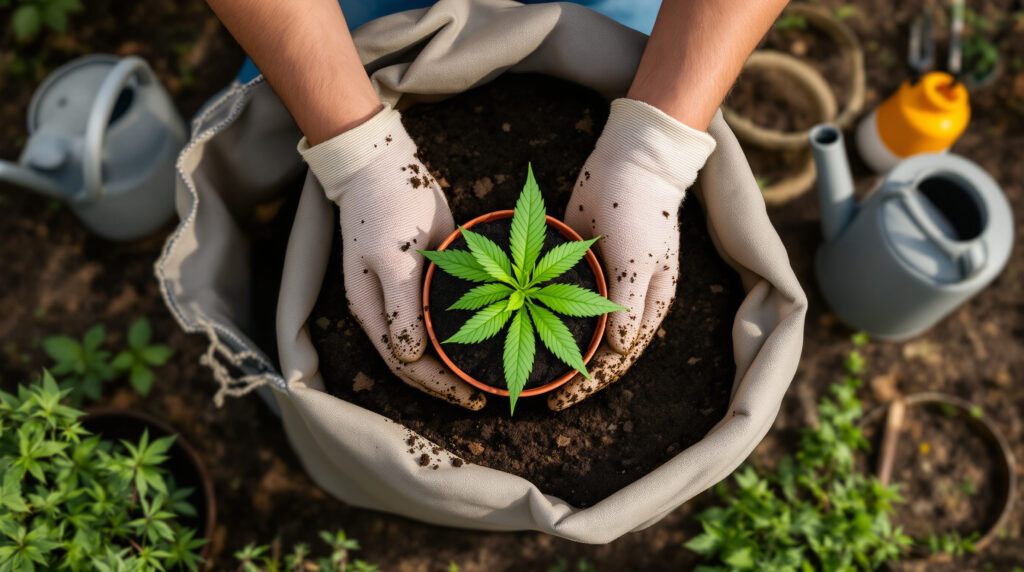 Hände beim Umpflanzen eines Cannabis-Sämlings in größeren Topf