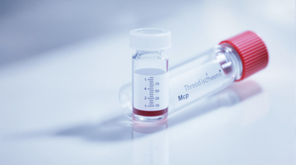 Krevní vzorek v laboratorní skleničce na bílém povrchu v laboratorním prostředí