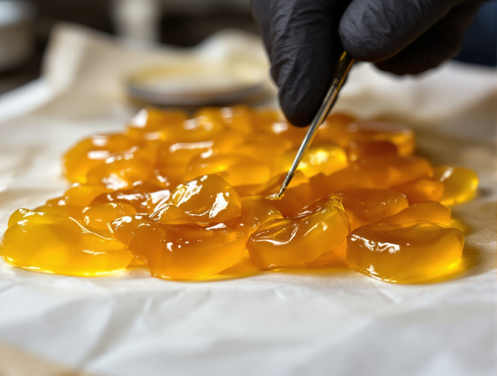 Live Rosin mit bernsteinfarbener Konsistenz auf Pergamentpapier