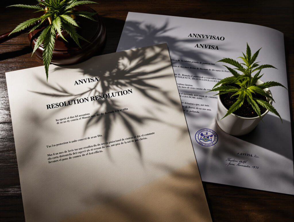 ANVISA-Dokumente und Hanfsämling symbolisieren Gesetzesreform
