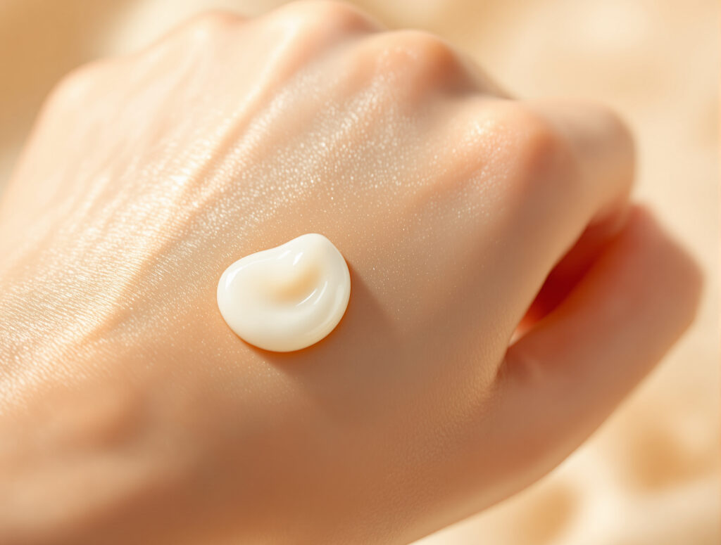 Texture de la crème au chanvre s'absorbant dans la barrière cutanée sur le dos de la main