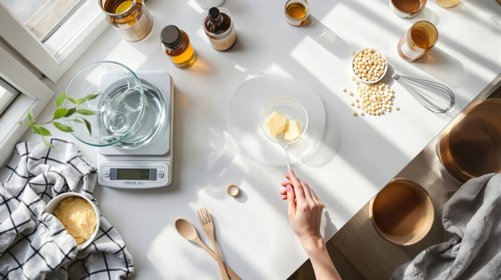 Plan de travail de cosmétique DIY avec balance, bain-marie et ingrédients de crème au chanvre vue de dessus