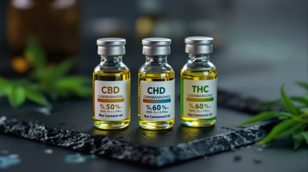 Verschiedene THC-CBD-Verhältnisse in Produktfläschchen auf dunklem Untergrund