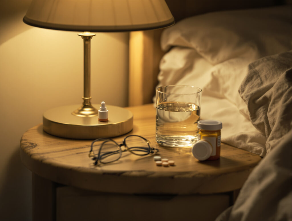 Nachttisch mit Cannabis-Öl und beiseite gestellter Medikamentenflasche