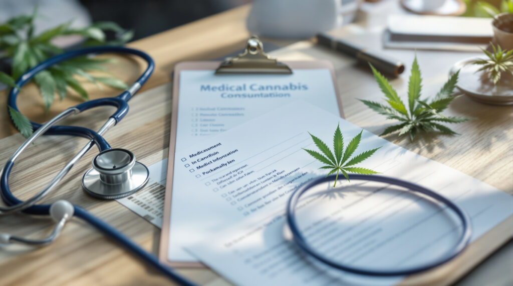 Ärztlicher Schreibtisch mit Medikamentenliste und Cannabis-Aufklärungsmaterial