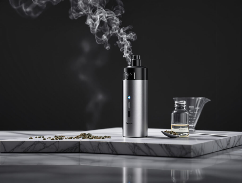 Medizinischer Vaporizer neben Extraktflasche und Dosierlöffel auf neutralem Hintergrund