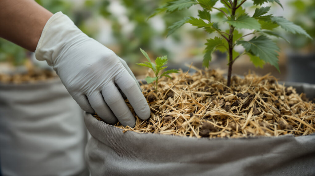 Hände verteilen organische Mulchschicht auf Cannabis-Topfoberfläche