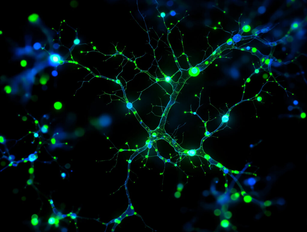 Neuronale Stammzellen unter dem Mikroskop, fluoreszierende Darstellung