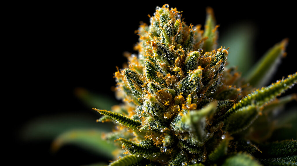 Moderne Cannabisblüte in extremer Detailaufnahme, natürliche Harzstrukturen