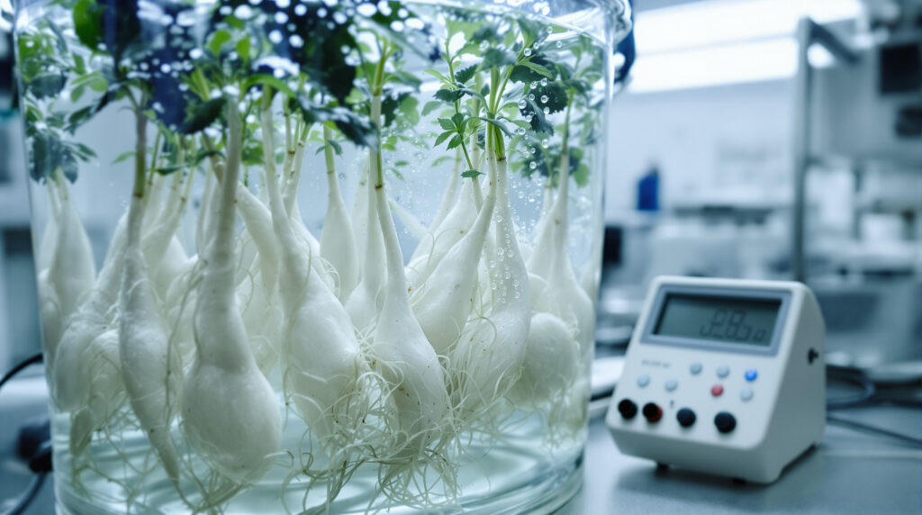 Cannabiswurzeln in hydroponischer Nährlösung mit Mess- und Belüftungstechnik