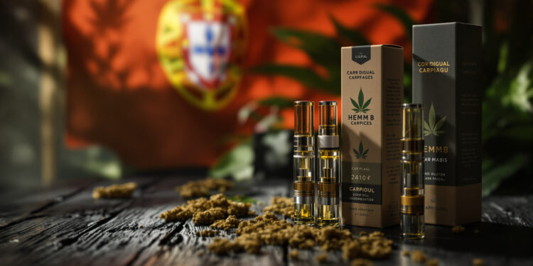 Vape-Cartridges und Hanfprodukte auf dunklem Holz mit portugiesischer Flagge